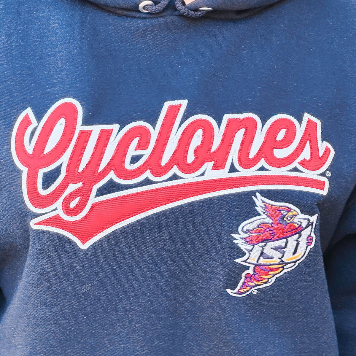 Champion Spirit Collection Cyclones Navy Powerblend Hooded Sweatshirt design close up